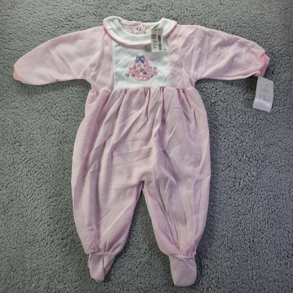 Baby Dior Vintage Pink Flower Basket Footed Sleeper Romper NWT Sz L 18-23 lbs